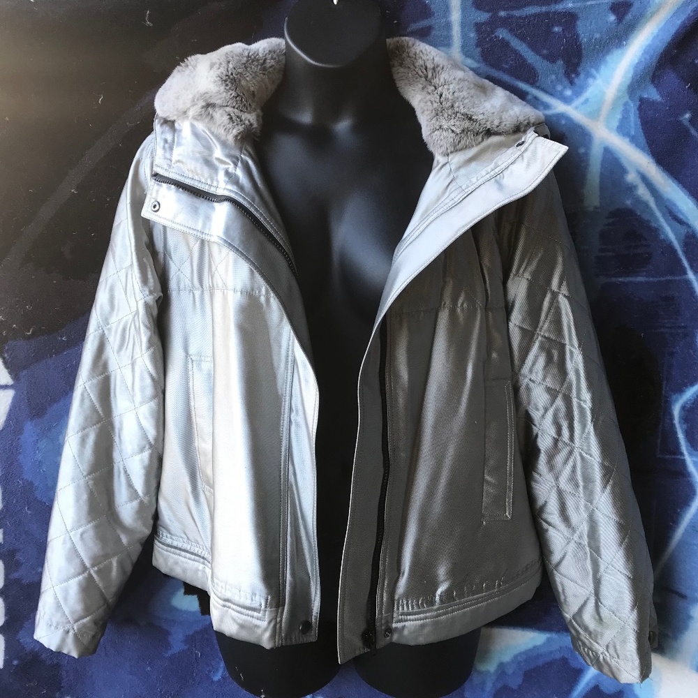 Charles Nolan silver silk apres-ski hooded jacket with fur, XL